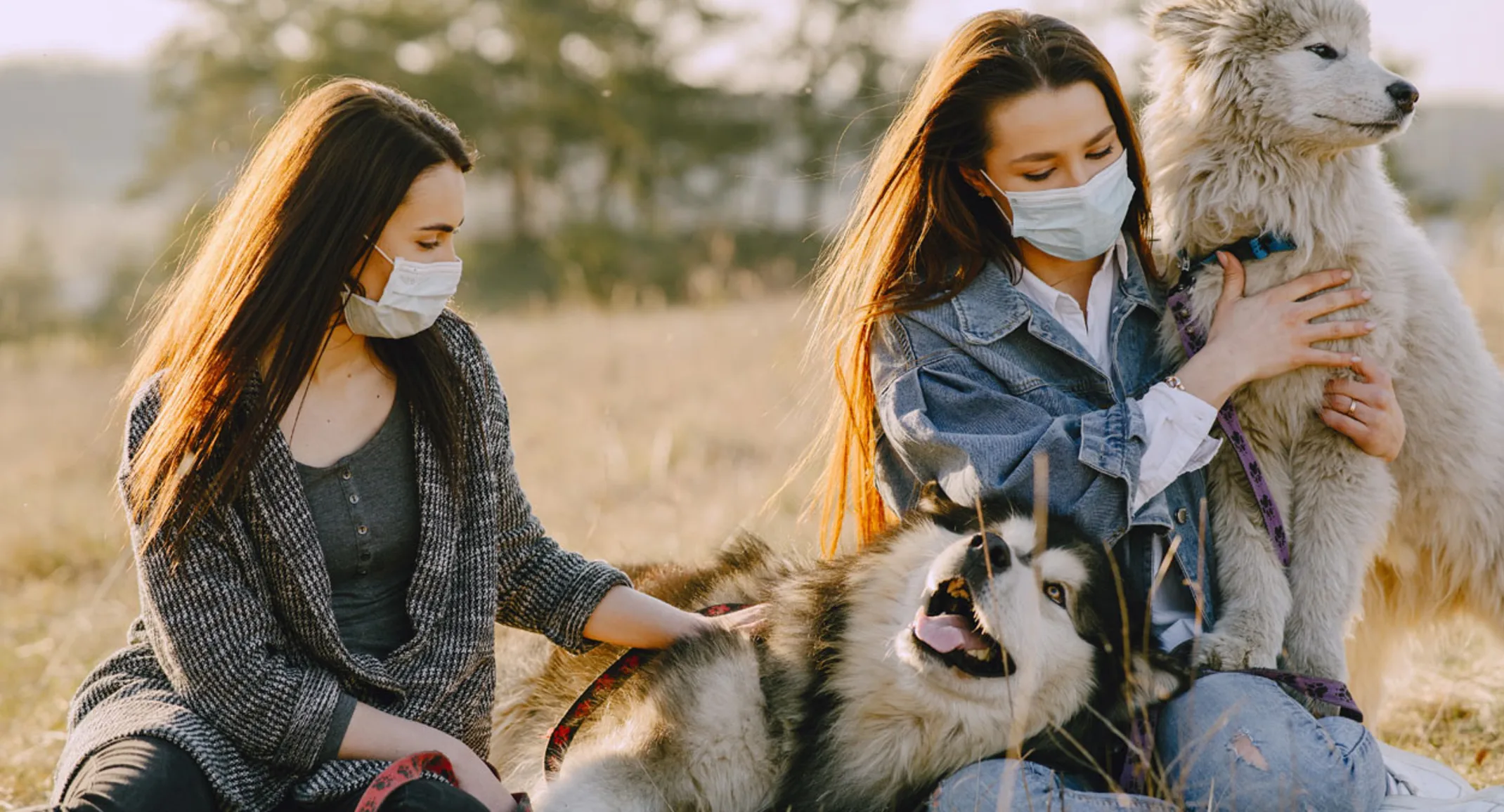 2 girls with mask on with their two dogs outside in a field
